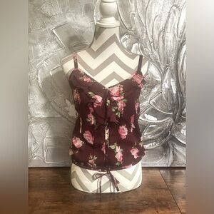 Y2K Hollister Pink & Maroon Floral Button Down Tank Blouse Ruffle Details Size M